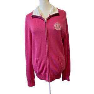 Ralph Lauren Active Cardigan Knit Sweater Sz L Crest‎ Pink Preppy Old $$ Pockets